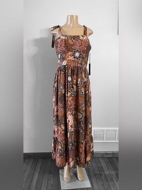 Rachel Zoe Brown Floral Tie-Shoulder Maxi Dress